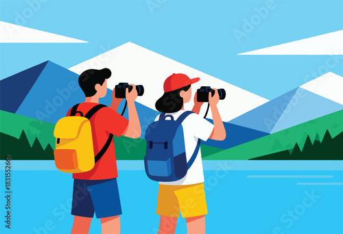 Two hikers with backpacks, taking photos of mountains and a lake under a blue sky