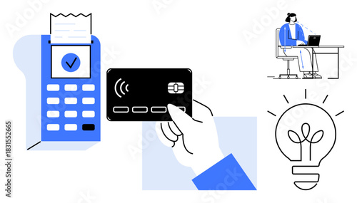 Contactless payment is highlighted with a POS terminal, smart card, and innovative visuals. Contactless payment technology facilitates quick transactions and is essential for modern businesses