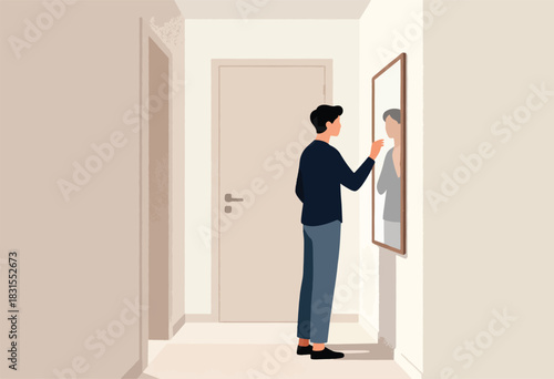 A person in a hallway examines a reflection in a mirror. Doors and walls are beige, creating a calm atmosphere