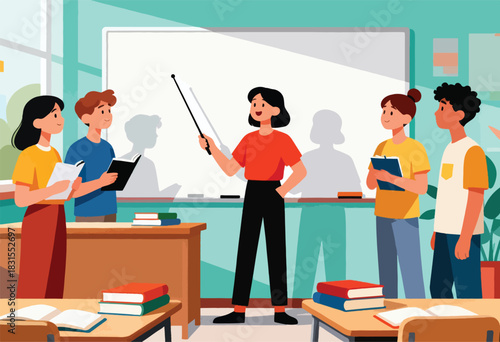 A teacher with pointer instructs students in a colorful classroom, books on desks, blank whiteboard present