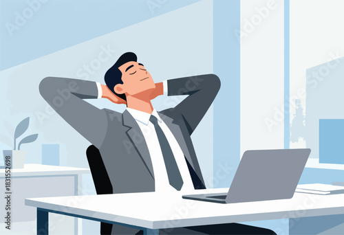 Businessperson relaxes in a modern office, hands behind head, eyes closed. Laptop visible