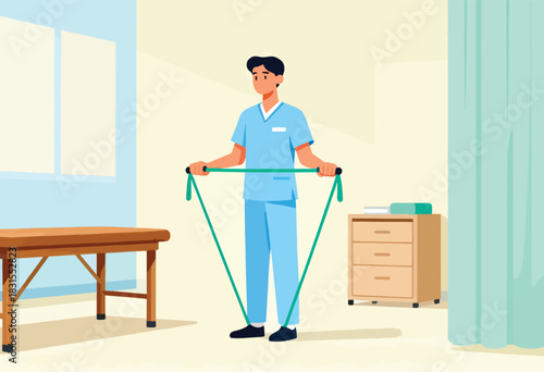 An animated doctor in scrubs is stretching a resistance band in a medical office setting