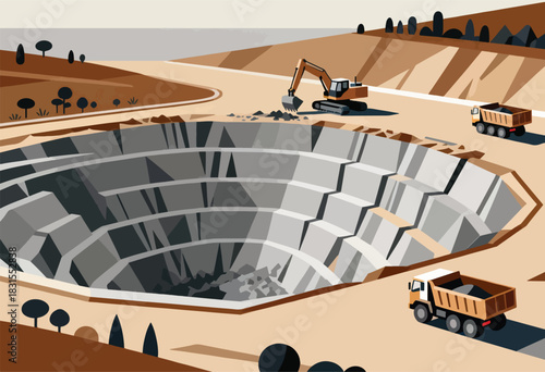 An abstract illustration of a mine with diggers, trucks and a large pit. Flat design style