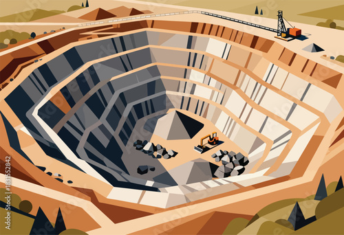 An aerial view of a geometric, layered quarry with machinery and piles of rock