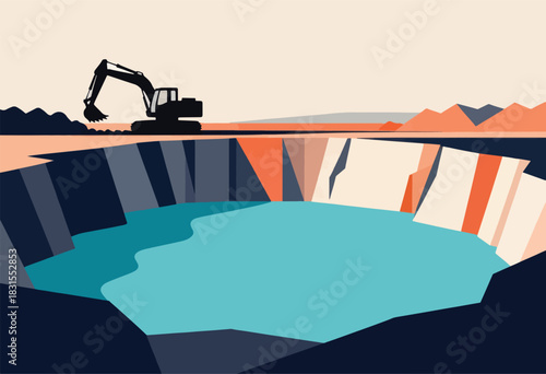 An excavator digs in a quarry filled with water, abstract landscape with geometric shapes and a pale sky