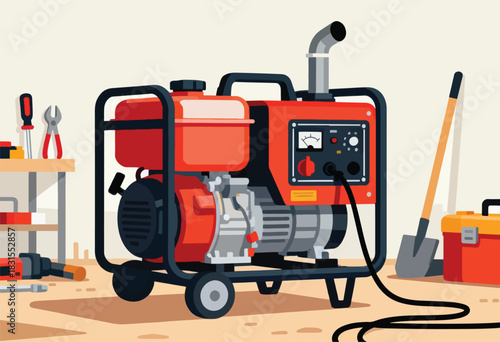 An illustration features an industrial red generator on wheels. Tools and accessories are present