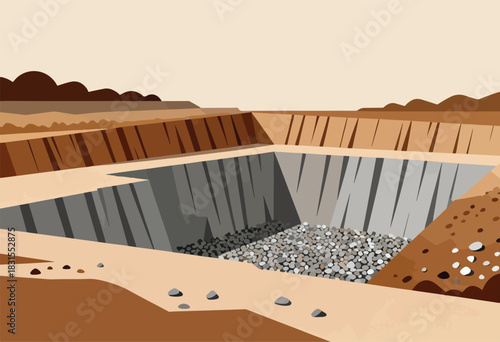 An illustrated depiction of a quarry pit with stacked layers of earth and a collection of rocks in the basin