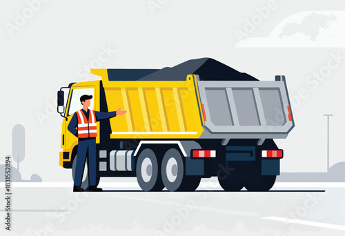 An illustration shows a worker in a reflective vest beside a yellow dump truck full of dark material