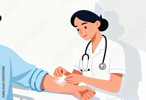 An illustration depicting a nurse applying a bandage to a patient's arm