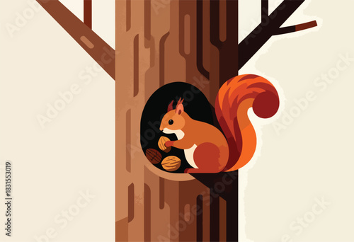 A stylized illustration features a squirrel in a tree hollow, holding a nut with several others nearby