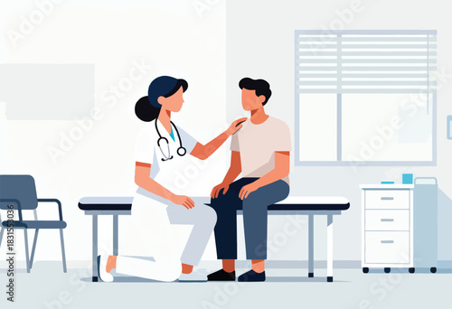 A medical illustration shows a doctor with stethoscope examining a patient sitting on a table in a clinic room