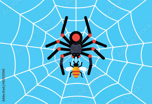 A stylized illustration features a black spider with red accents on a web with a bee. Bright blue background