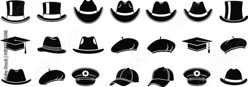 Large Vector Collection of Black Hat Silhouettes Including Top Hats, Cowboy, Fedora, Beret, Cap, and Graduation Caps, Representing Fashion, Uniform, and Headwear.