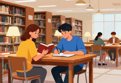 Illustration of a library scene with students studying at wooden tables, surrounded by bookshelves and soft lighting