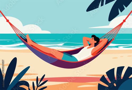Illustration of a man relaxing in a hammock on a beach, under palm trees, with the ocean in the background