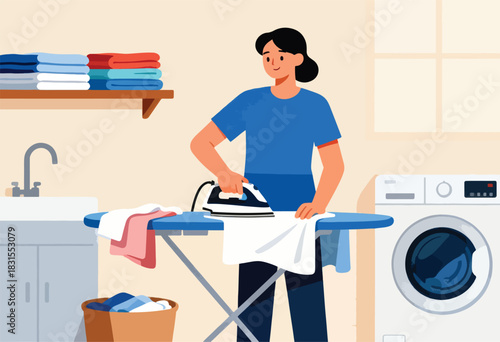 An illustration depicting a person ironing clothes, with a washer, laundry basket, and shelves of towels in a room