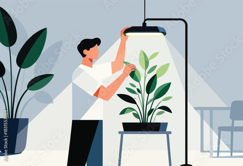 A person adjusts a plant's light, tending its leaves, while another plant stands nearby. Interior scene