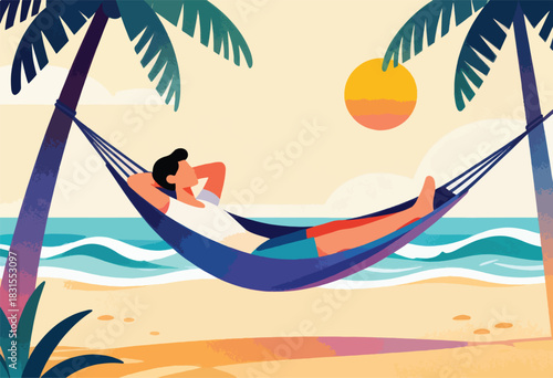 A person relaxes in a hammock on a sandy beach, with palm trees and sun, enjoying a serene tropical scene