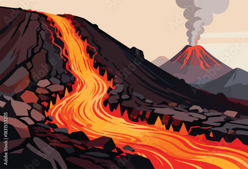 Stylized illustration depicts a volcanic eruption with molten lava flowing down a mountain. Other volcanoes in background