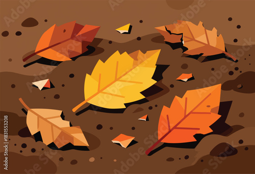 A stylized illustration depicting fallen autumn leaves in various shades on a brown ground