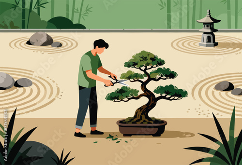A person trims a bonsai tree in a Zen garden with raked sand, rocks, a stone lantern, and bamboo