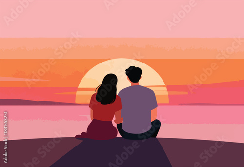 A couple sits, backs to viewer, watching the sunset over water, silhouettes against a vivid sky