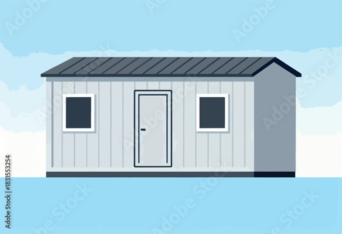 Illustration of a simple, symmetrical building with a door, windows, and angled roof, set against a watercolor sky