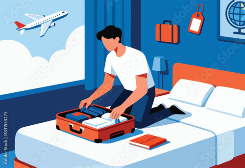 A person packs a suitcase in a hotel room with an airplane flying outside. Decorative elements present