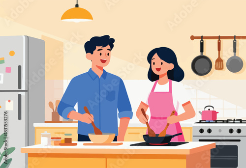 A couple in a warm kitchen, cooking together with smiles. Includes stove, utensils, and a fridge