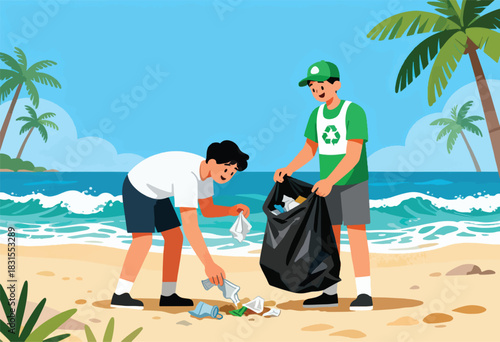 Two individuals clean a polluted beach, collecting trash into a black bag, with palm trees and ocean