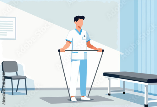 A medical professional uses a resistance band in a bright, minimalist treatment room
