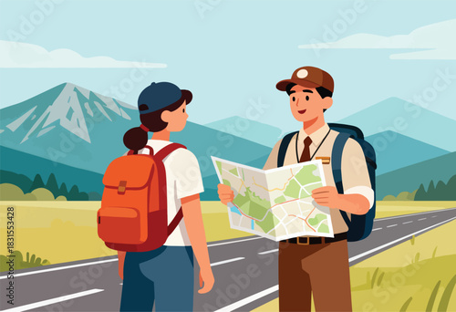 Two travelers on a road trip, consulting a map with mountains and a road in the background