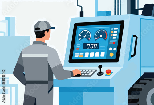 A worker in a gray uniform operates a blue control panel, monitoring gauges and a digital display