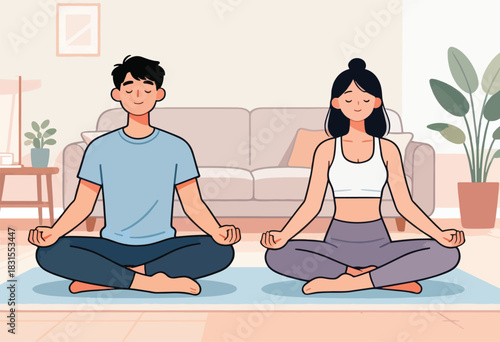 A serene illustration shows a couple in a home setting meditating. Soft colors & a minimalist style