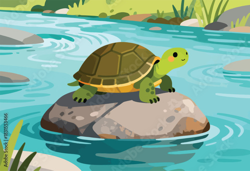 A cheerful cartoon turtle sits on a rock in a river, surrounded by water and greenery