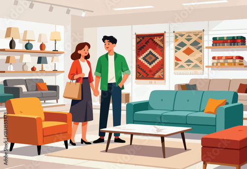 A couple holds hands, shopping for furniture in a showroom, surrounded by couches, rugs, and lamps