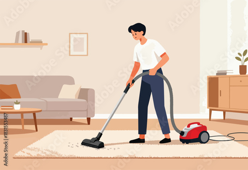 An illustrated person vacuums a rug in a minimalist living room, featuring a sofa, cabinet, and decor