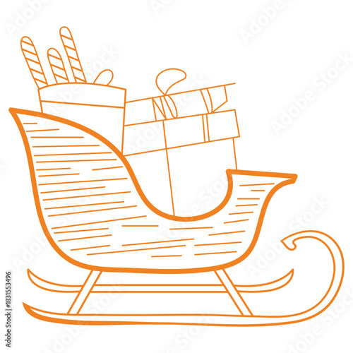 Santa Sleigh with Gifts Line Art Icon.