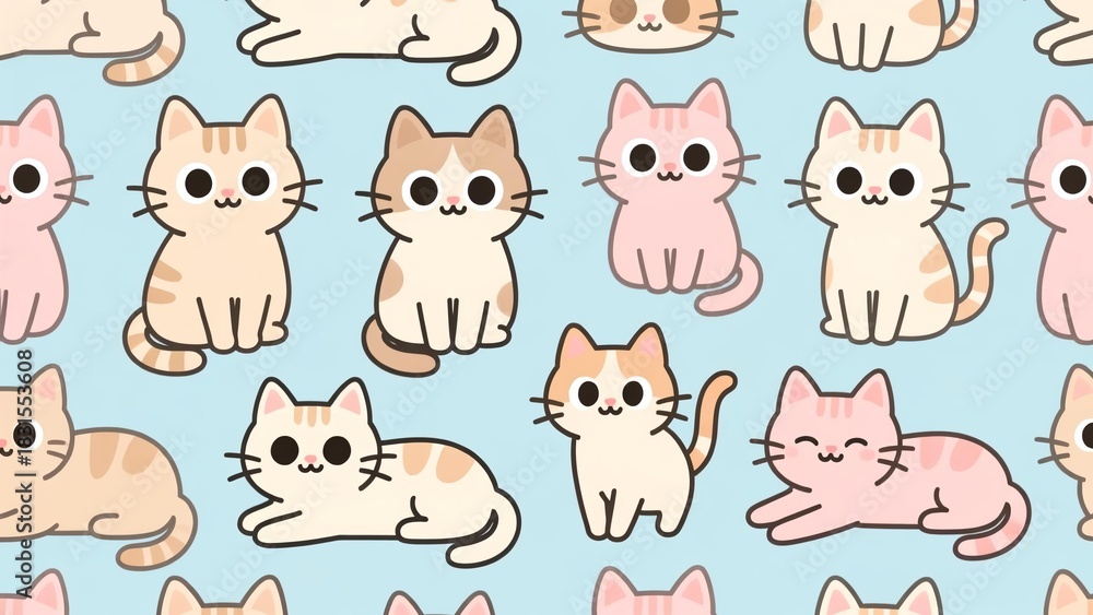 Obraz premium Kawaii Kitten Collection Adorable Cartoon Cats in Various Poses