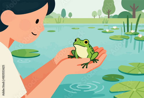 A person gazes at a green frog held gently in their hands, against a pond background with lily pads