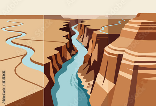 Abstract stylized image of a canyon with a river flowing through it, created with brown and blue blocks