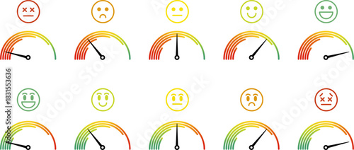 満足度メーターと顔のアイコン。評価やレビュー、アンケートなど。進捗やレベルに応じた表情。