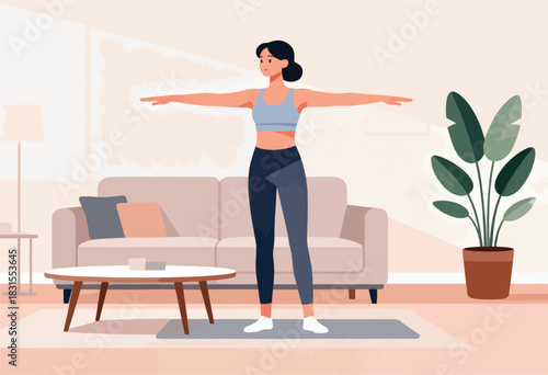 A woman in athletic wear practices yoga in a modern living room, arms extended