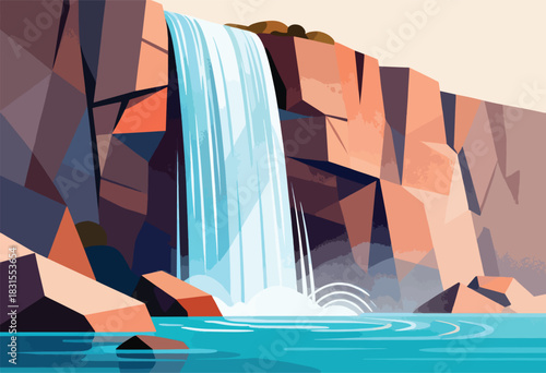 A stylized illustration presents a cascading waterfall framed by jagged, colorful rock formations and a tranquil blue pool