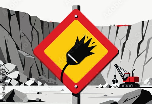 Digital illustration of a mining scene with a warning sign, excavator, and stylized grayscale rock formations