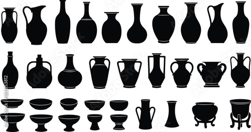 Set of Ancient Pottery Silhouettes, Antique Vases, Jugs, Bowls, and Amphoras, Archeology, History, and Classic Greek Ceramics Vector Icons Collection.