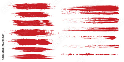Straight red ink vector lines pack. Bloody color long and round hand-drawn brushstroke text highlights, frames, circles. Asian calligraphy modern