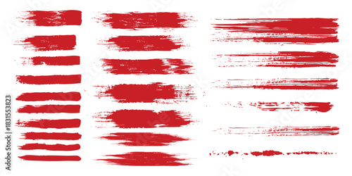 Straight red ink vector lines pack. Bloody color long and round hand-drawn brushstroke text highlights, frames, circles. Asian calligraphy modern