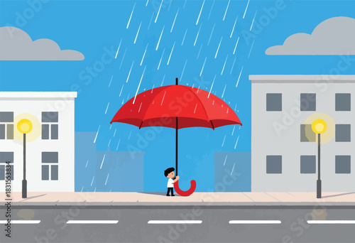 A person with a red umbrella walks on a rainy day in a city. Buildings and streetlights are in the background