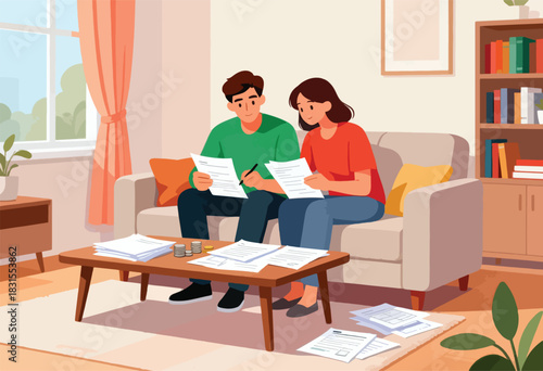 A couple reviews paperwork on a couch, surrounded by a window, bookshelves, and a coffee table with documents